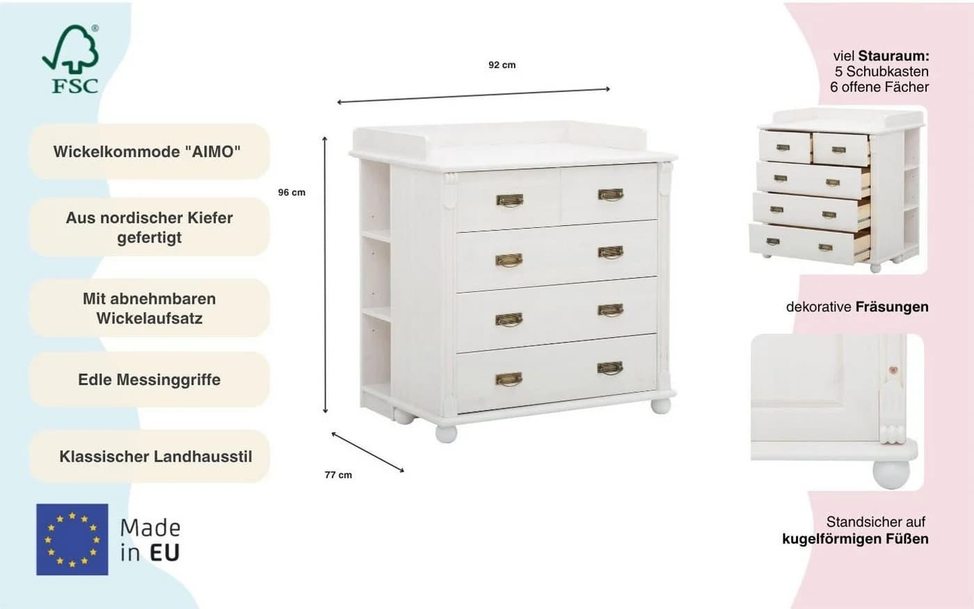 OTTO HOME Wickelkommode Aimo Landhausstil Weiß mit Messinggriffen - Bild 3