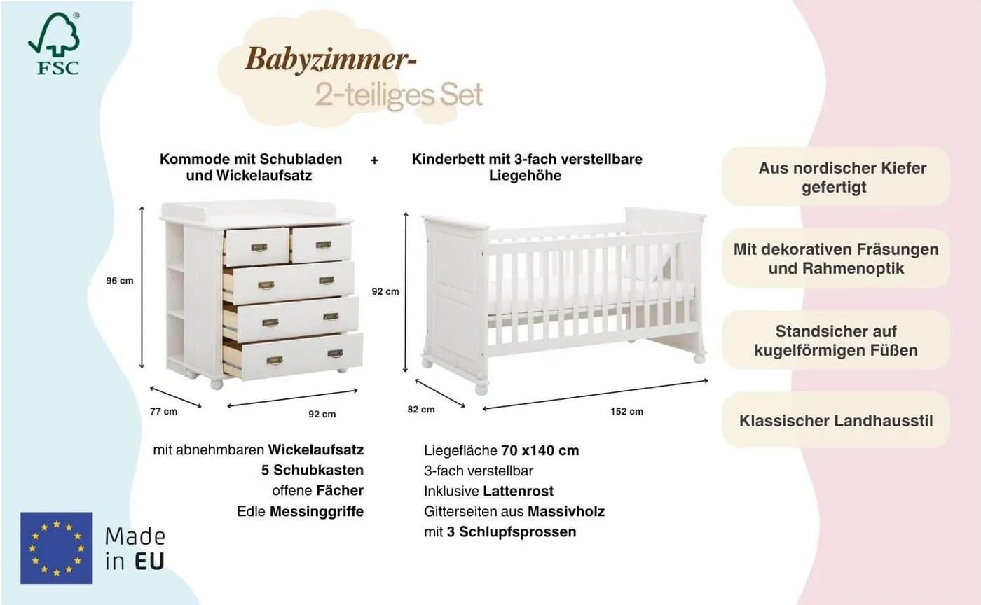 OTTO HOME Babyzimmer-Komplettset Aimo Landhausstil Weiß Kinderbett Wickelkommode - Bild 3