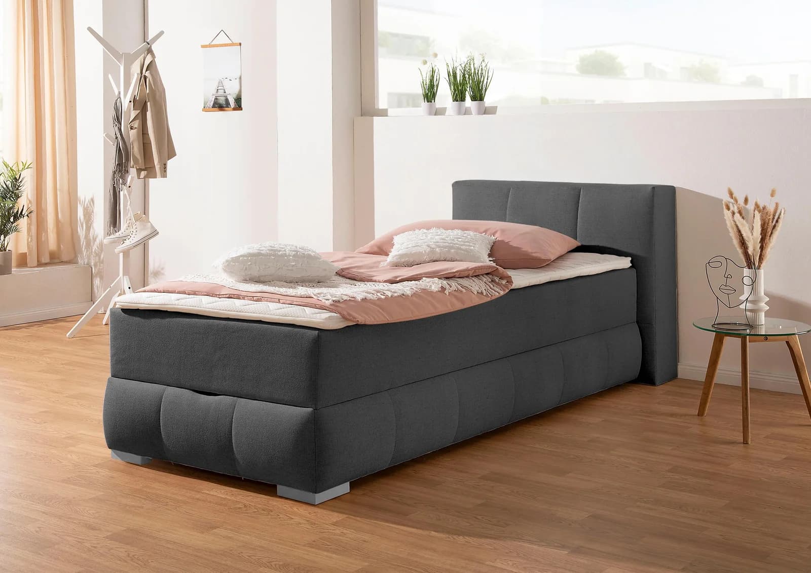 Boxbett HOME AFFAIRE Chelles Anthrazit mit Bettkasten und Topper