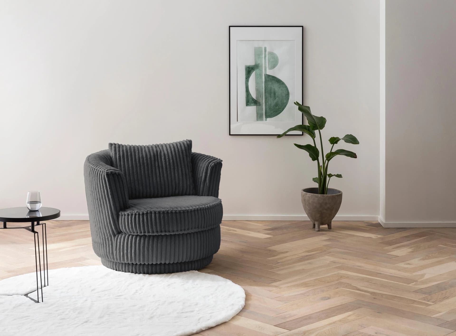 HOME AFFAIRE Maisie Drehsessel Grau MEGA-Cord mit Zierkissen