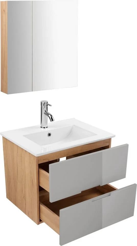 WELLTIME Lund Badmöbel-Set 60cm Grau Eiche Hochglanz - Bild 4