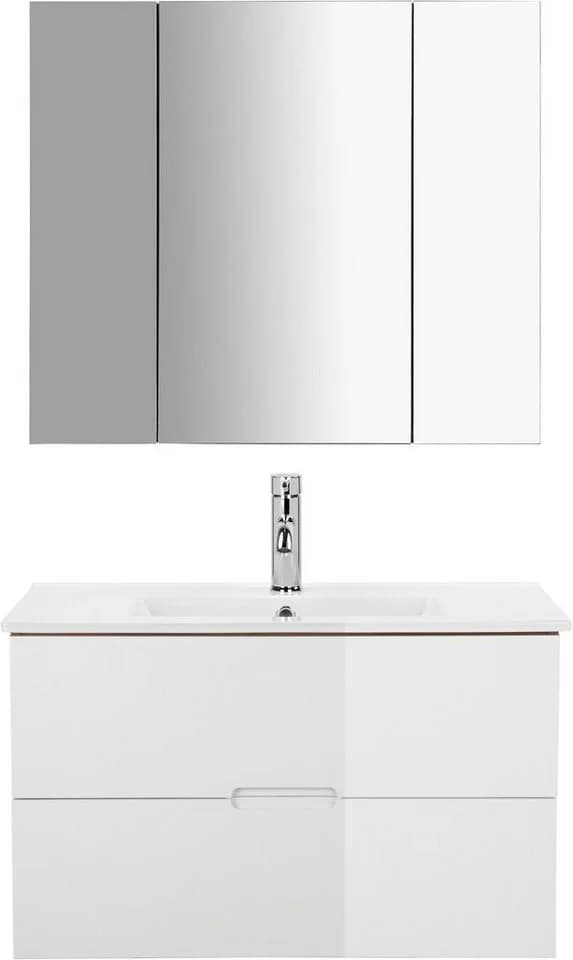 WELLTIME Lund Badmöbel-Set 80cm Weiß Eiche Hochglanz mit Spiegelschrank - Bild 2
