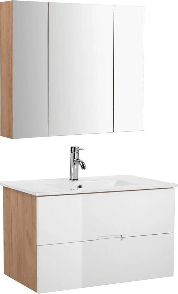 WELLTIME Lund Badmöbel-Set 80cm Weiß Eiche Hochglanz mit Spiegelschrank - Bild 3