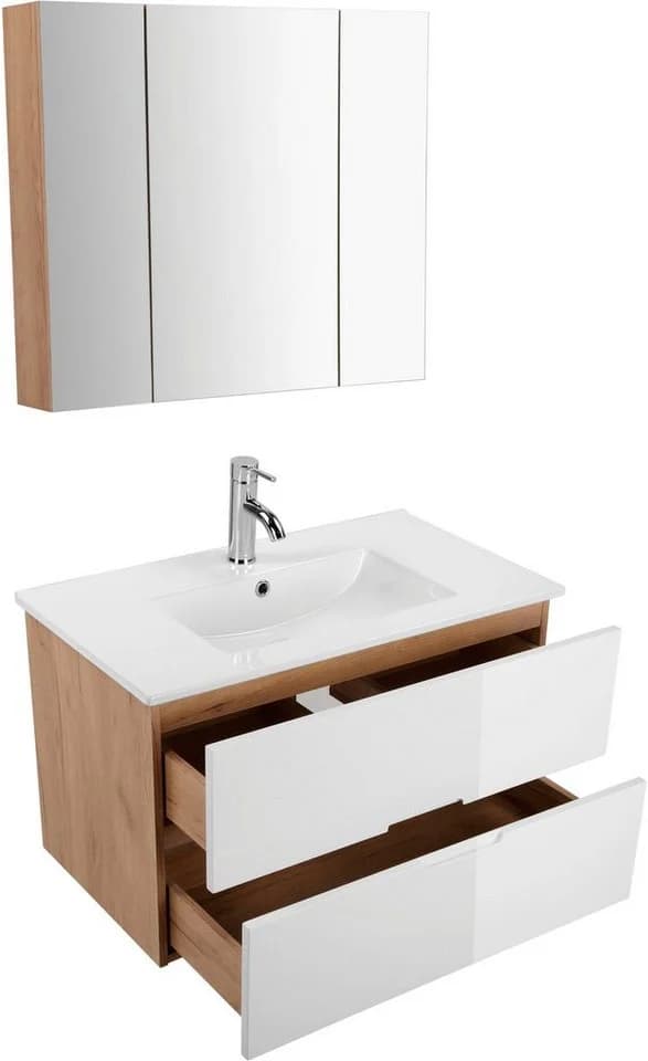 WELLTIME Lund Badmöbel-Set 80cm Weiß Eiche Hochglanz mit Spiegelschrank - Bild 4