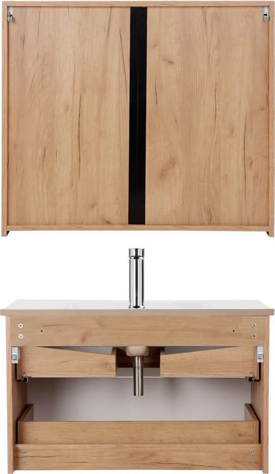 WELLTIME Lund Badmöbel-Set 80cm Weiß Eiche Hochglanz mit Spiegelschrank - Bild 5