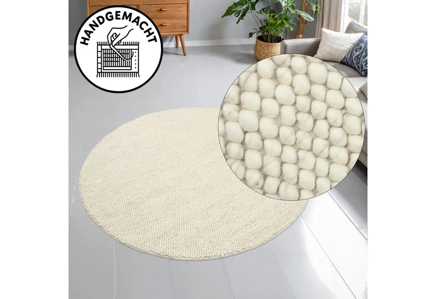 OTTO HOME Wollteppich Wolly Beige Handgewebt Rund 120cm - Bild 2