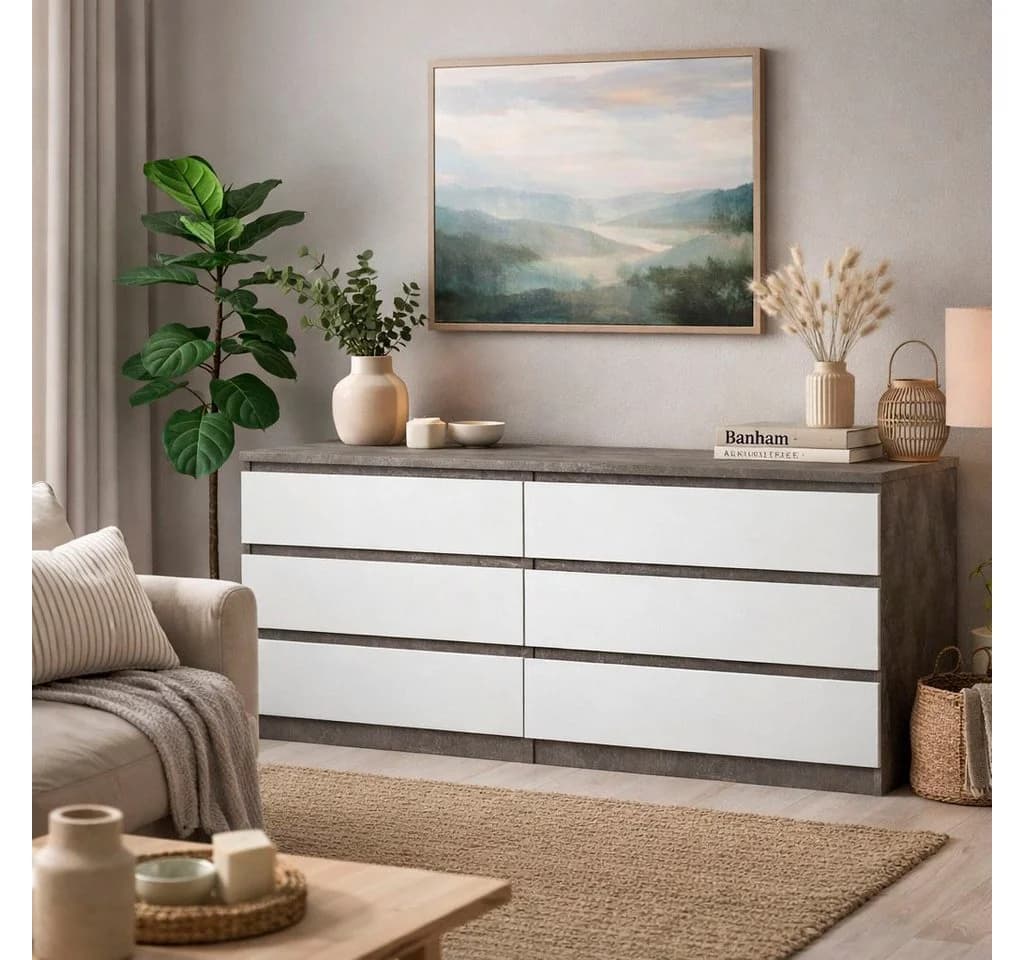 INOSIGN Kommode Naia 6 Schubladen Grau Weiss Hochglanz Modern - Bild 2
