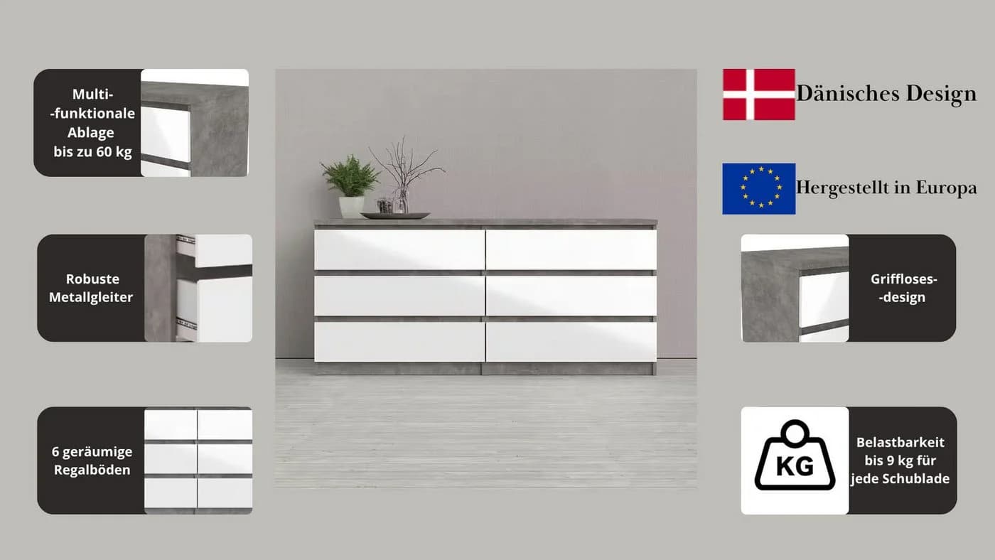 INOSIGN Kommode Naia 6 Schubladen Grau Weiss Hochglanz Modern - Bild 3