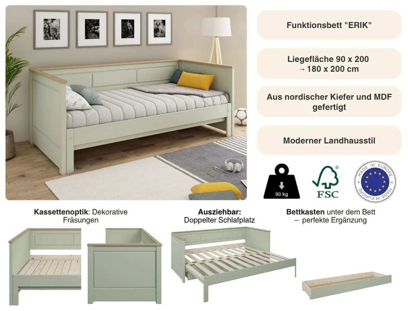 OTTO HOME ERIK Funktionsbett Massivholz Kiefer Ausziehbar Olive - Bild 3