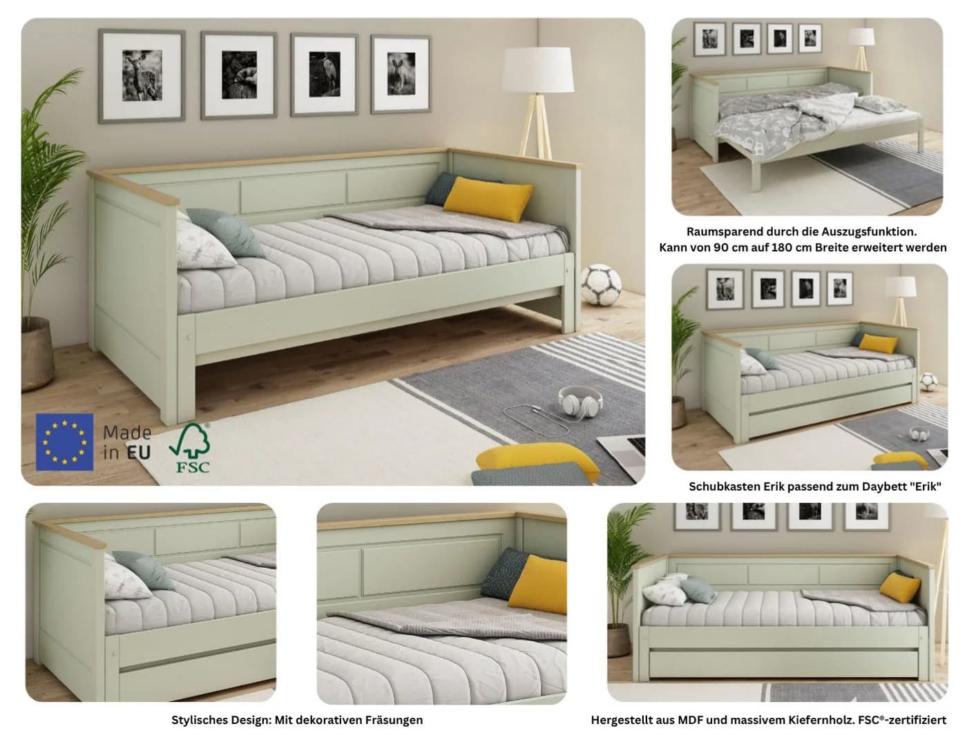 OTTO HOME ERIK Funktionsbett Massivholz Kiefer Ausziehbar Olive - Bild 4