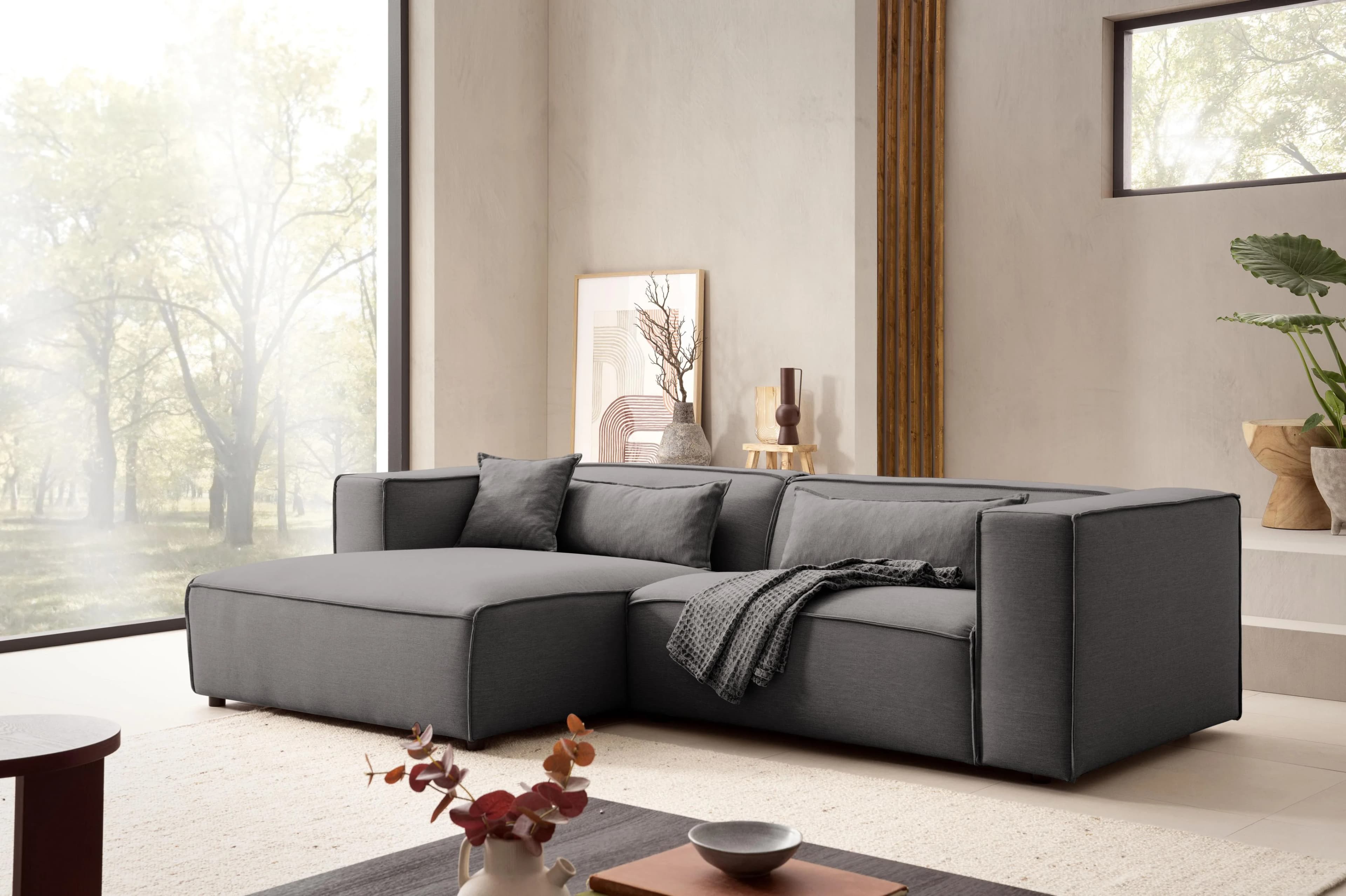 LeGer Home Ecksofa PIARA Anthrazit L-Form mit Ottomane