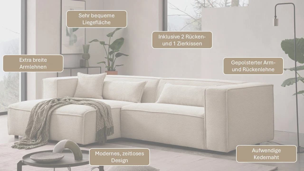 LeGer Home Ecksofa PIARA L-Form hellbeige Cord - Bild 3