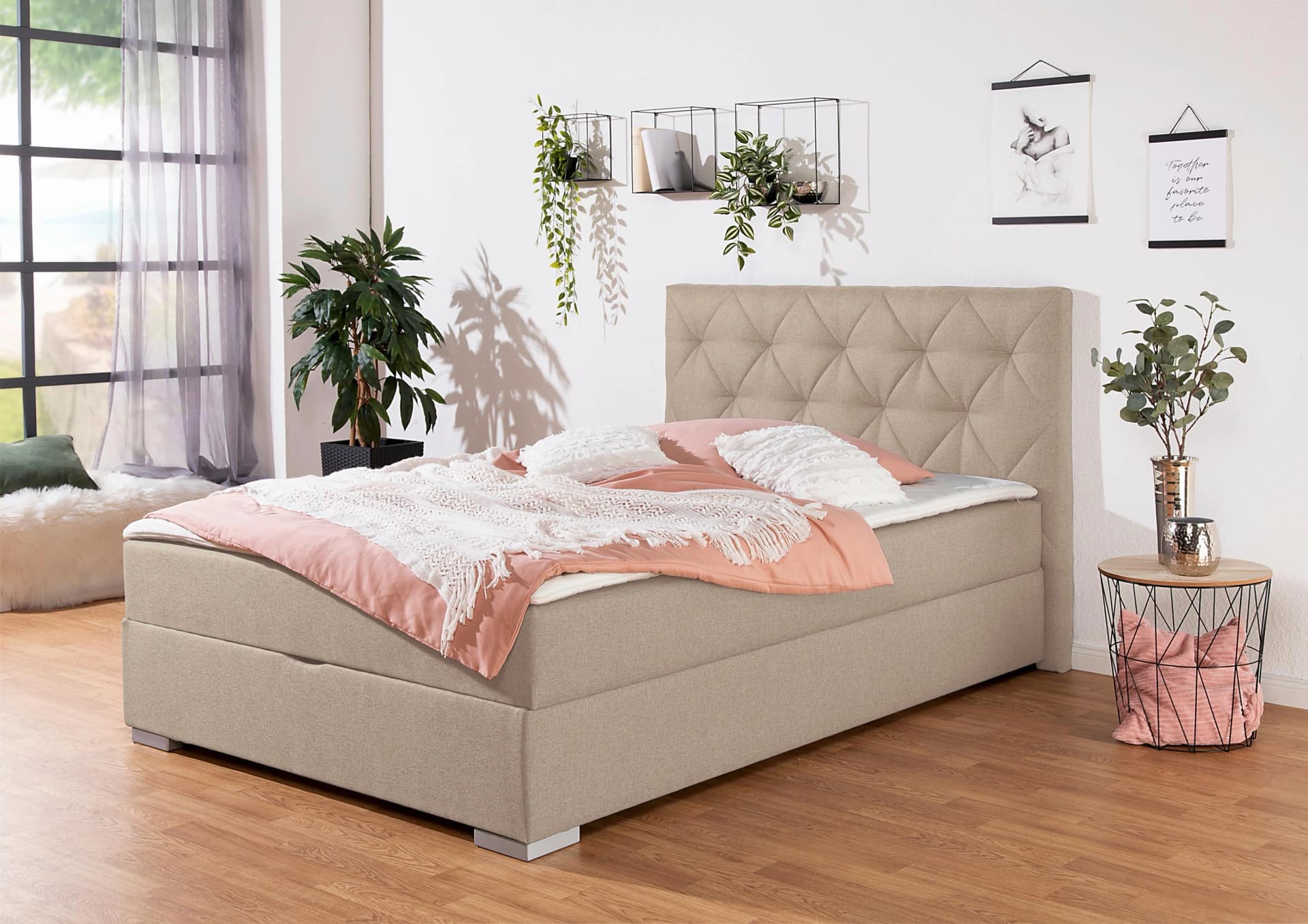 Boxbett HOME AFFAIRE Tynan Beige mit Bettkasten und Matratze
