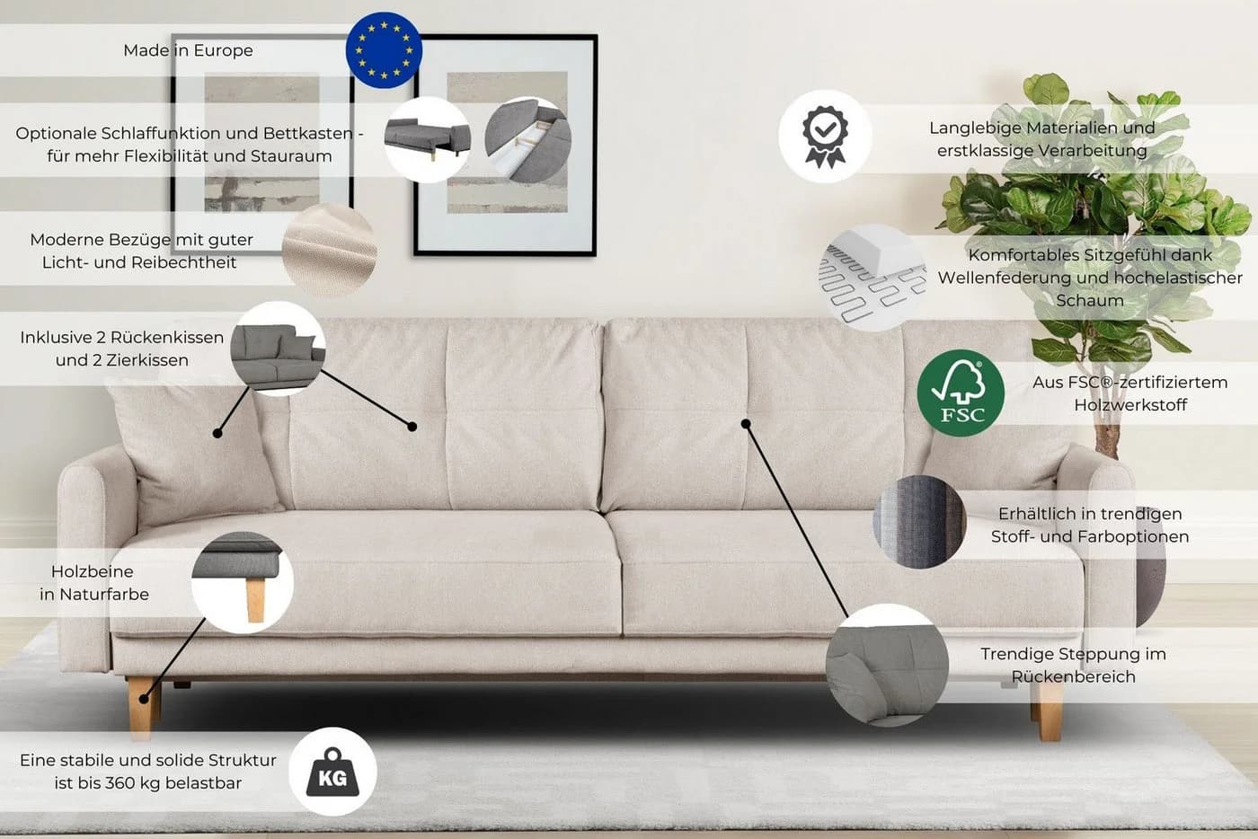 Home Affaire Triplo Schlafsofa 3-Sitzer mit Bettkasten Creme - Bild 3