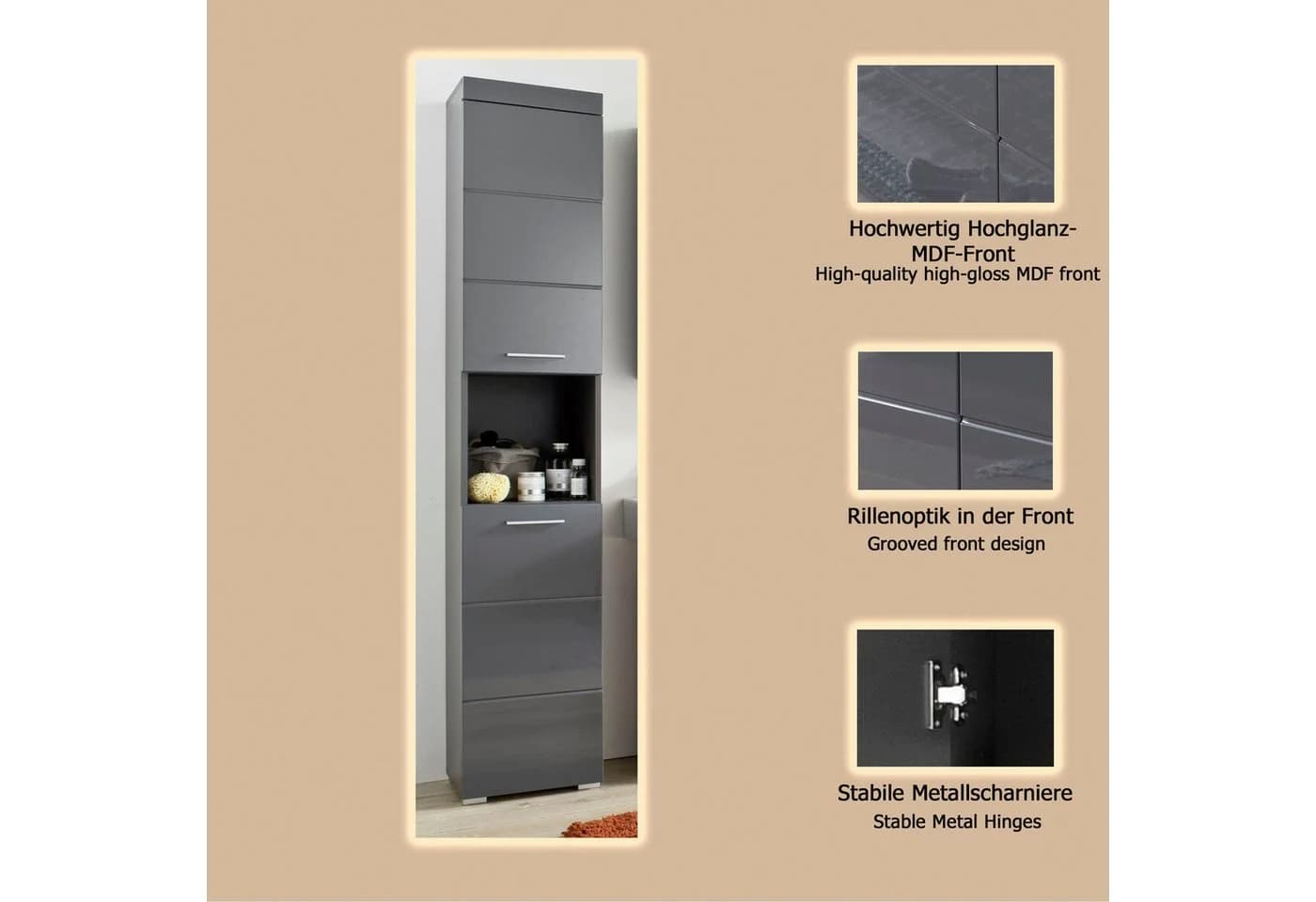 WELLTIME Hochschrank Avena Grau Hochglanz Badschrank - Bild 3
