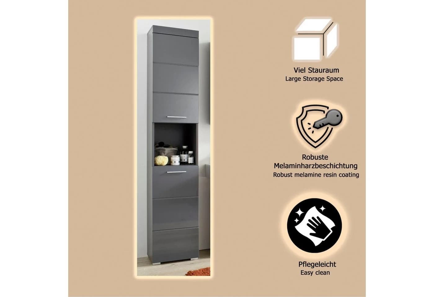 WELLTIME Hochschrank Avena Grau Hochglanz Badschrank - Bild 4