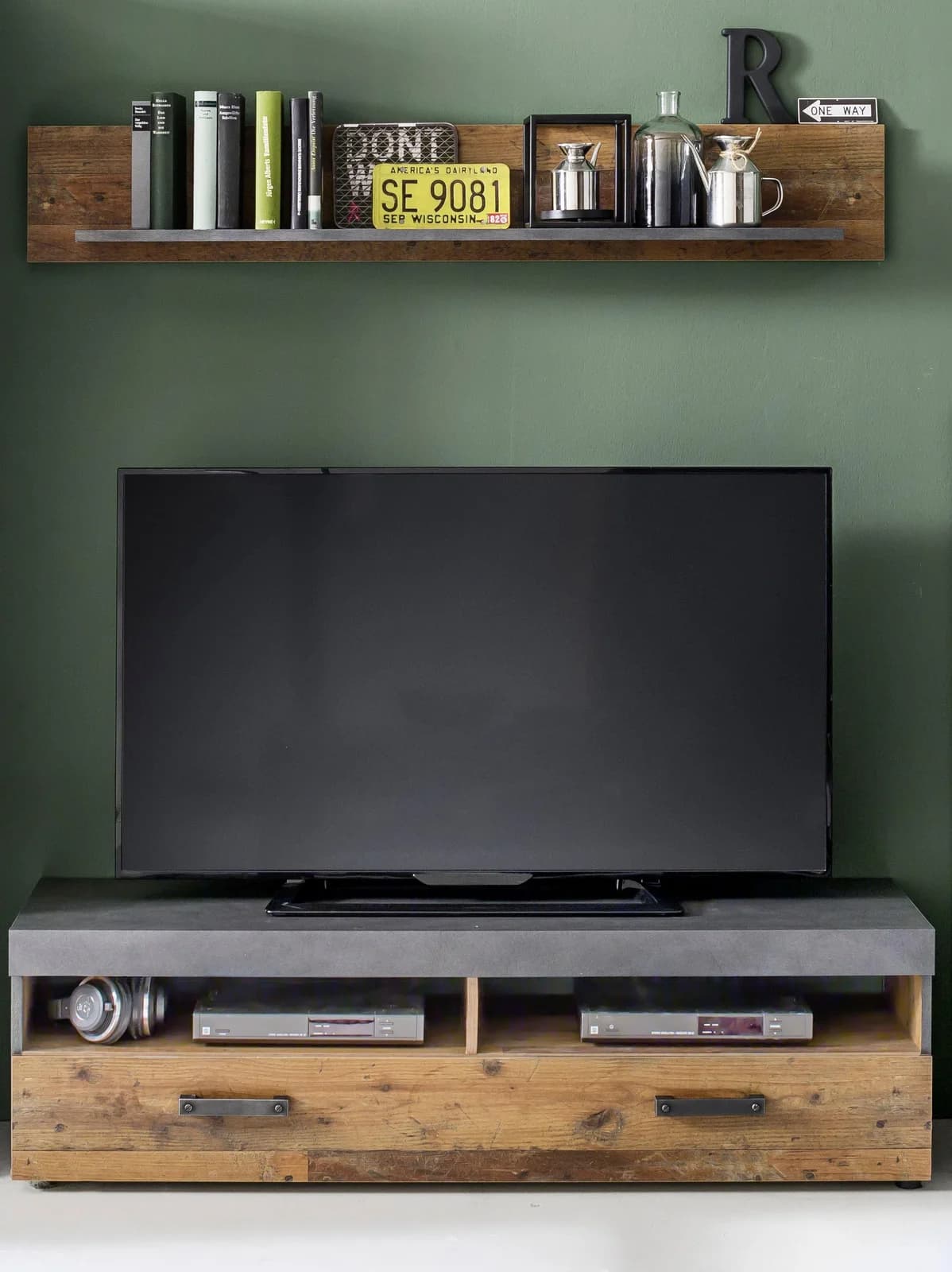 Inosign Wohnwand Ilana Grau Graphit Grau Old Wood TV-Unterteil Wandboard
