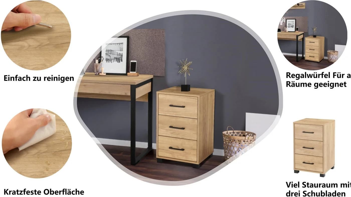 OTTO HOME Container Moid 3 Schubladen Eiche Natur Schwarz - Bild 3