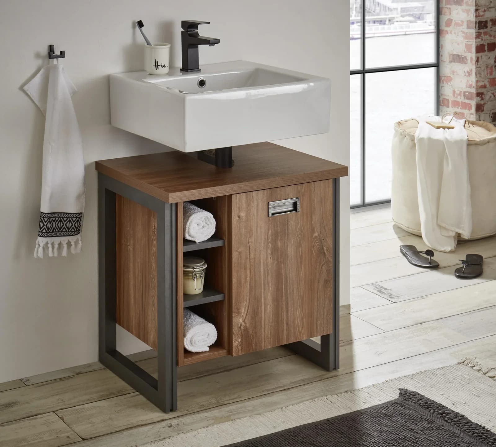HOME AFFAIRE Detroit Waschbeckenunterschrank Industrialdesign Eiche Grau