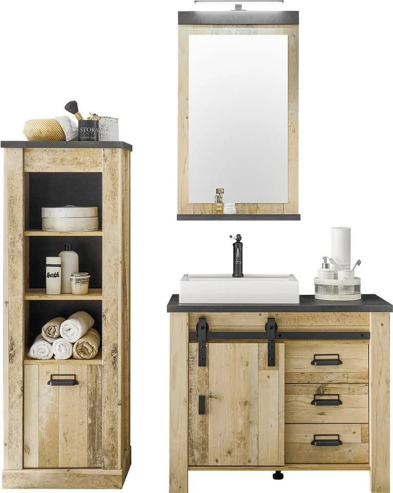 Home affaire Badmöbel-Set SHERWOOD, Bad im modernen Design, 3-teiliges Badezimmer, Scheunentorbeschlag & Apothekergriff aus Metall - Bild 2