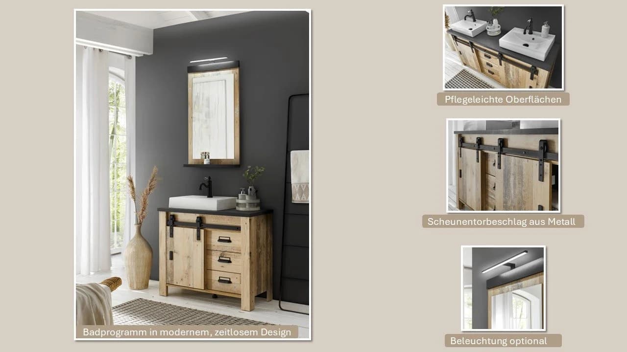 Home affaire Badmöbel-Set SHERWOOD, Bad im modernen Design, 3-teiliges Badezimmer, Scheunentorbeschlag & Apothekergriff aus Metall - Bild 3
