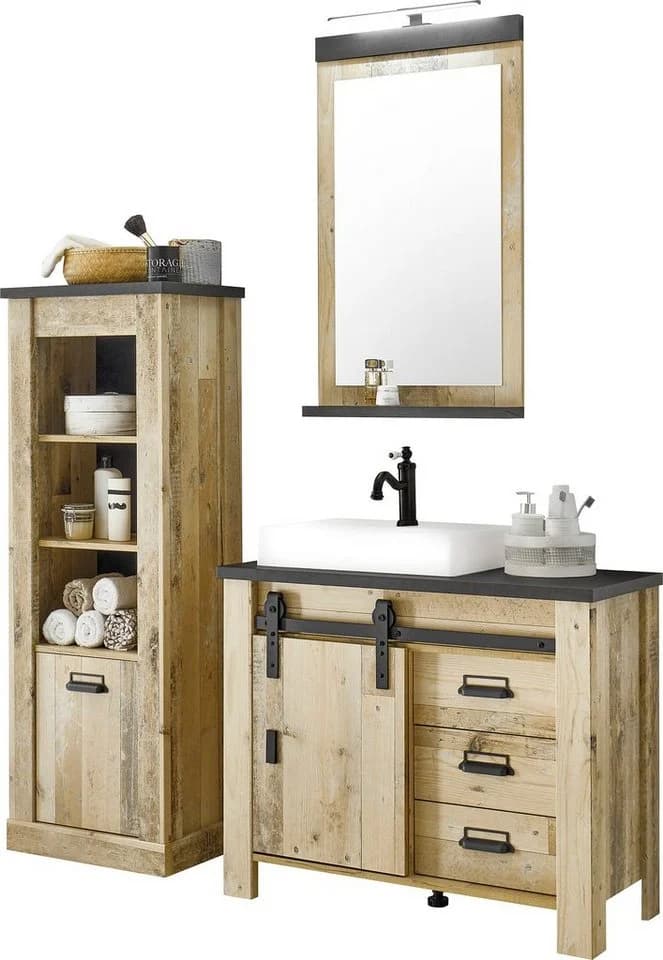 Home affaire Badmöbel-Set SHERWOOD, Bad im modernen Design, 3-teiliges Badezimmer, Scheunentorbeschlag & Apothekergriff aus Metall - Bild 5