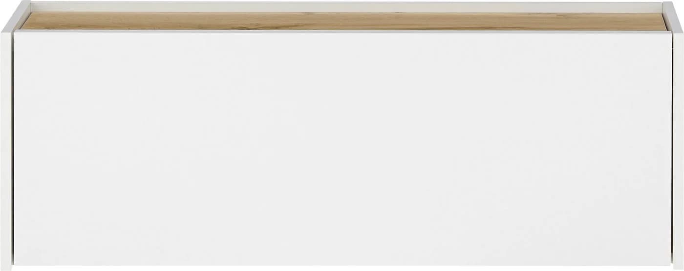 Weißer Wandsekretär mit heruntergeklappter Schreibfläche, an der Wand montiert und ohne Unterbau.