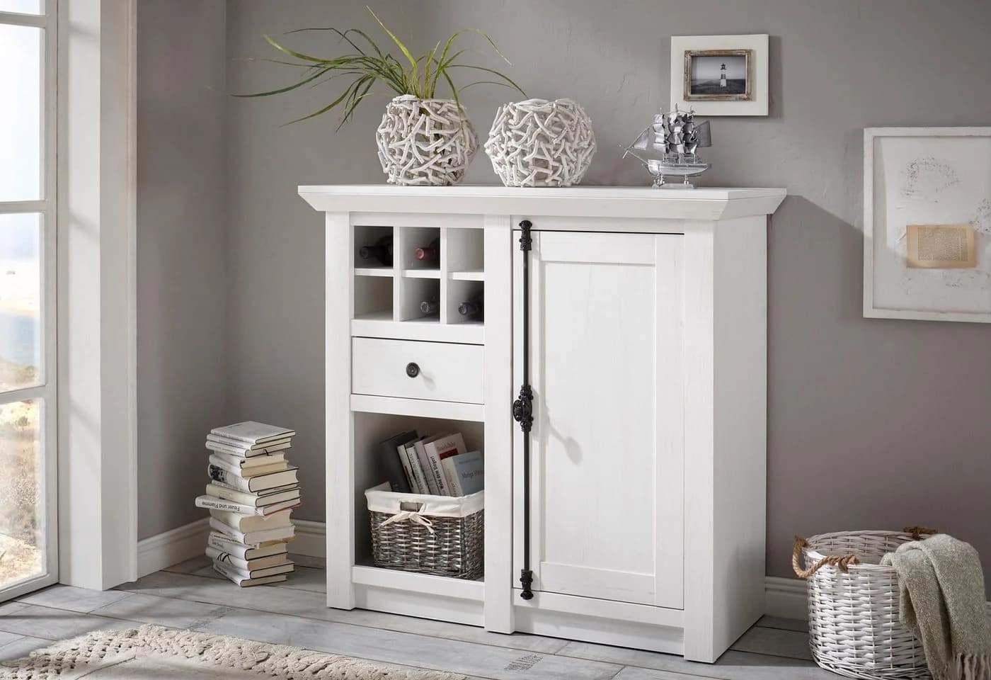 HOME AFFAIRE Highboard California Weiß Pinie Landhaus