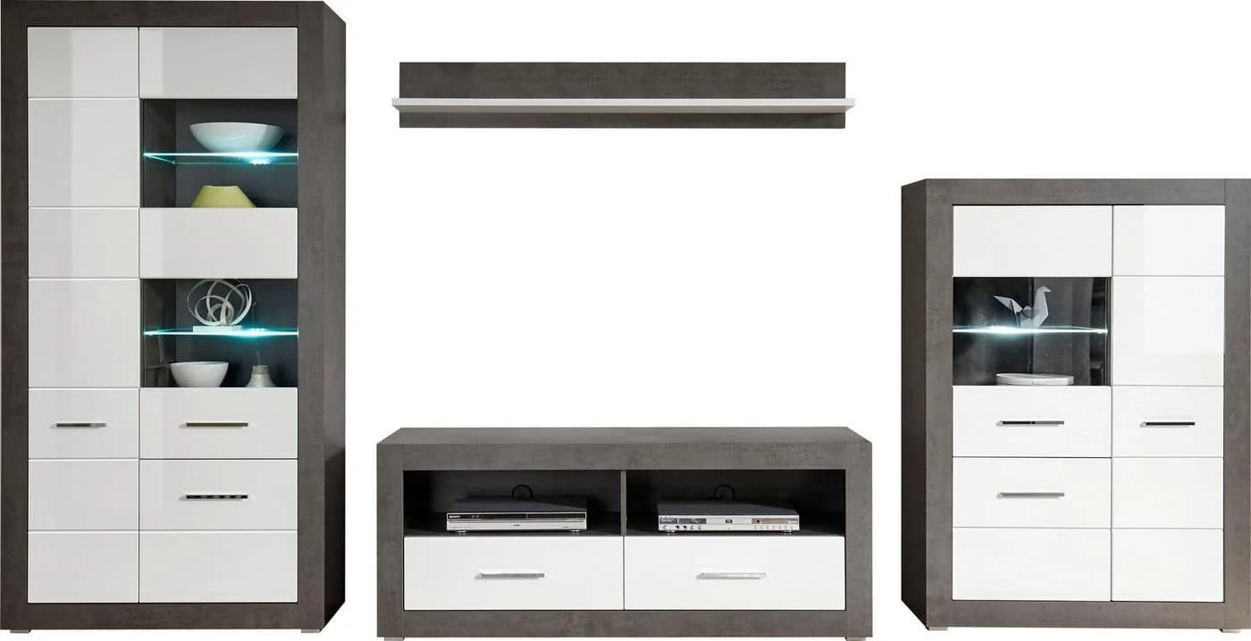 HOME AFFAIRE Etero Wohnwand Set Grau/Schwarz Weiß Hochglanz