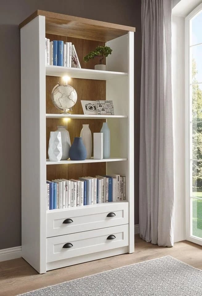 HOME AFFAIRE Regal Beauvais Weiß Pinie Eiche Dekor 4 Fächer 2 Schubladen - Bild 2