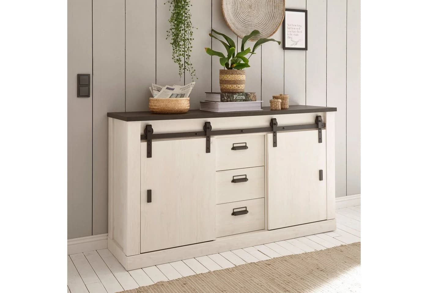 Sideboard HOME AFFAIRE SHERWOOD Weiß Pinie Dekor 3 Schubladen 2 Türen - Bild 2