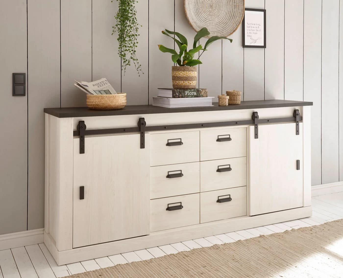 HOME AFFAIRE Sideboard SHERWOOD Weiß Pinie Dekor 201cm
