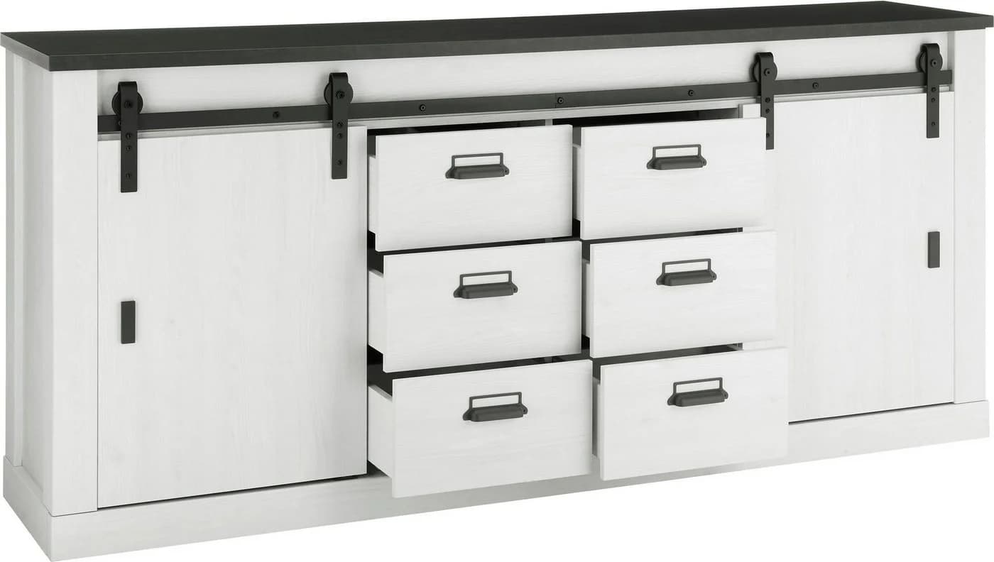 HOME AFFAIRE Sideboard SHERWOOD Weiß Pinie Dekor 201cm - Bild 5