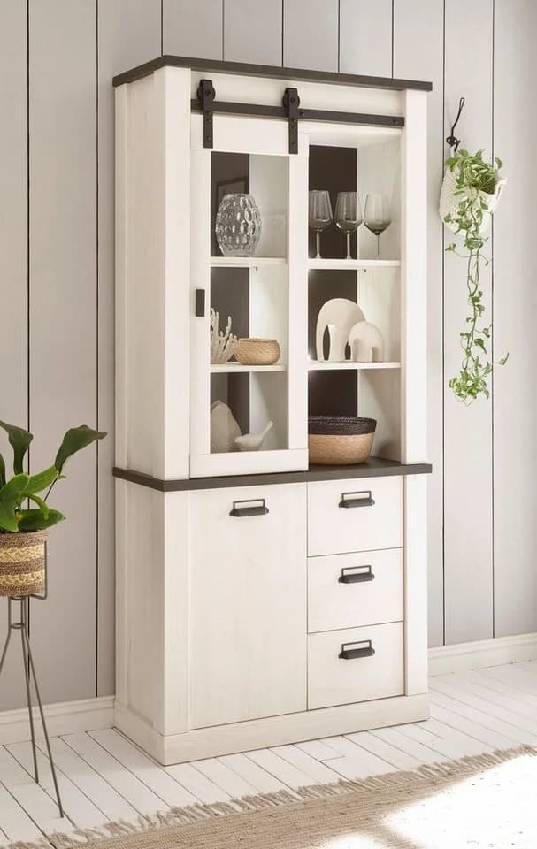 HOME AFFAIRE Vitrine SHERWOOD Weiß Holzoptik Soft-Close