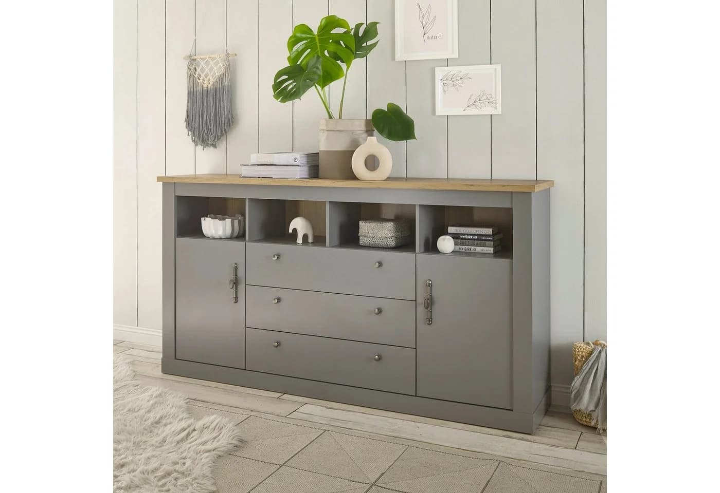 HOME AFFAIRE Sideboard CHAMBORD Grau 3 Schubladen 2 Türen