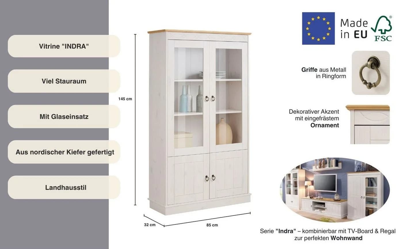OTTO HOME Vitrine Indra Weiß/Honig Massivholz 4 Türen - Bild 3