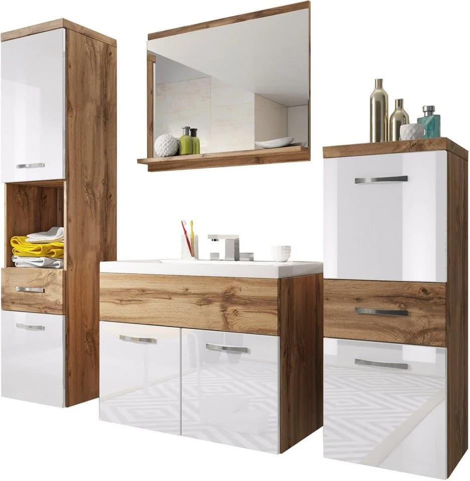 WELLTIME ELDA Badmöbel-Set Braun Hochglanz mit Waschbecken - Bild 2