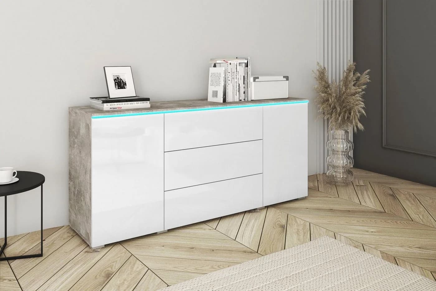 HOME AFFAIRE Sideboard VERA grifflos Grau Weiß Hochglanz Betonoptik