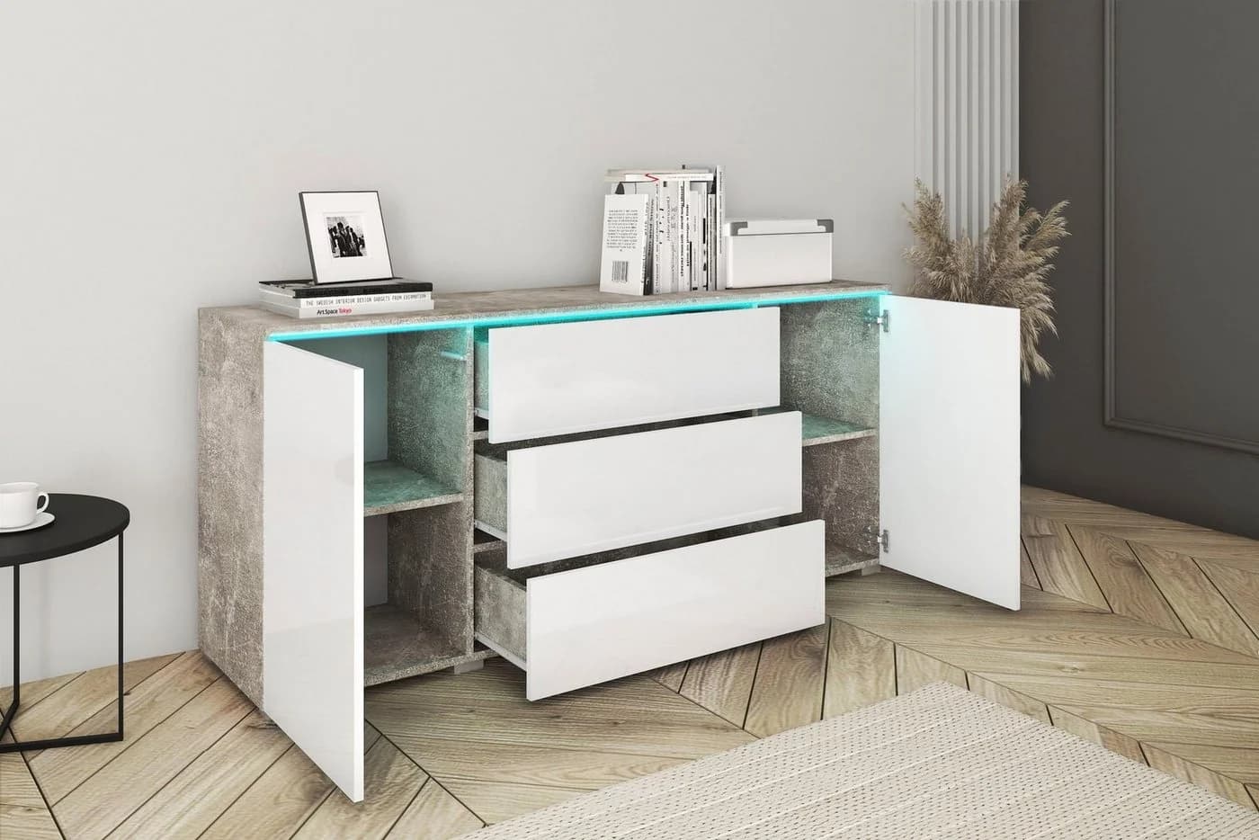 HOME AFFAIRE Sideboard VERA grifflos Grau Weiß Hochglanz Betonoptik - Bild 4