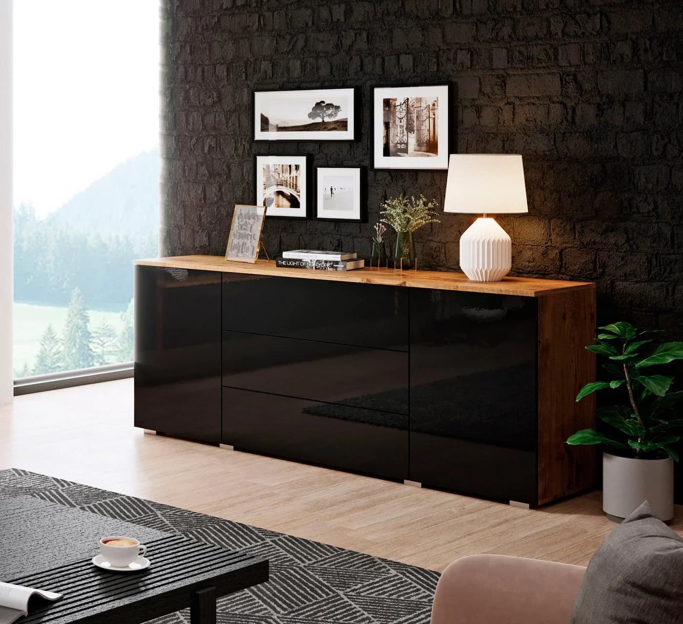 OTTO home Sideboard PARIS 150cm Breite Grifflose Kommode Braun/Schwarz