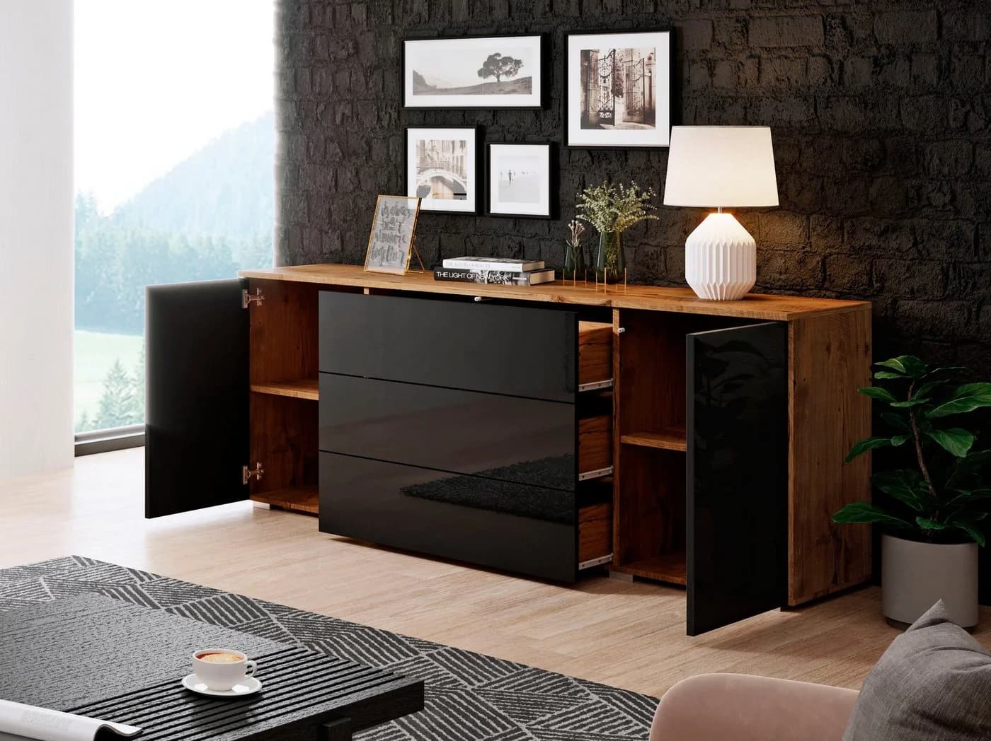 OTTO home Sideboard PARIS 150cm Breite Grifflose Kommode Braun/Schwarz - Bild 4