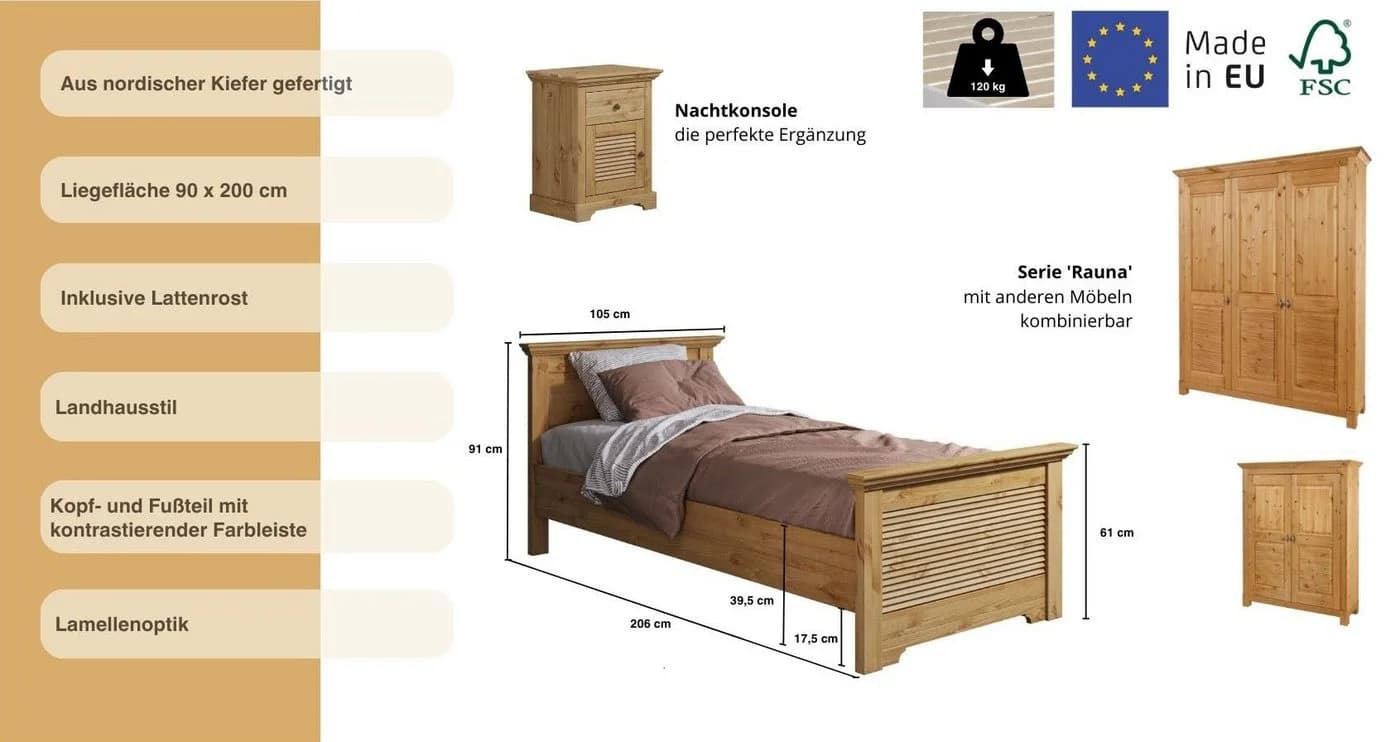 OTTO HOME Bett Rauna Landhausstil Kieferholz Natur - Bild 3