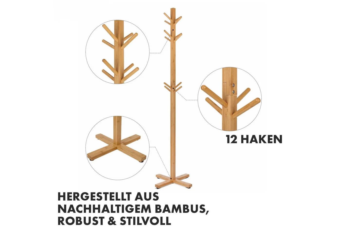 Kubus Bambus-Garderobenständer Arven mit 12 Haken Braun - Bild 4