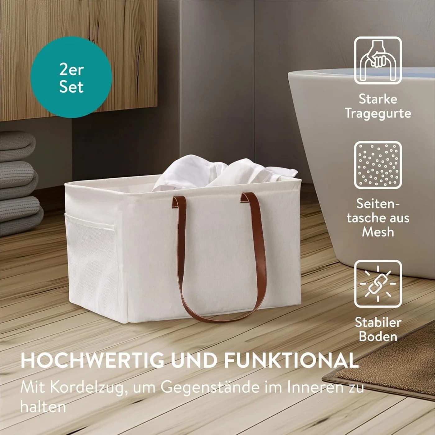 Navaris 2er faltbarer Wäschekorb mit Griffen beige - Bild 3