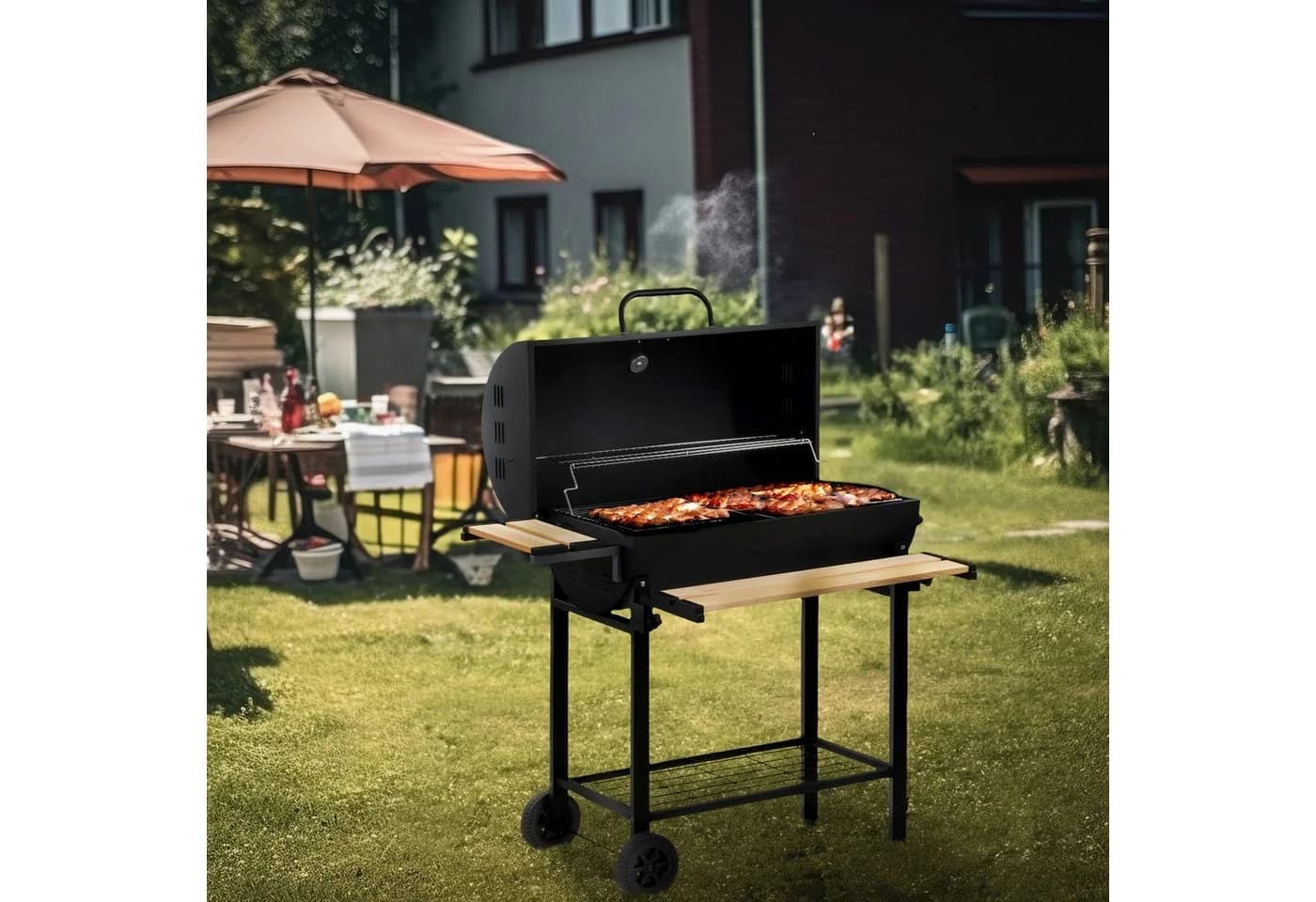 BBQ-Toro Holzkohlegrillwagen Schwarz mit Thermometer & Smoker