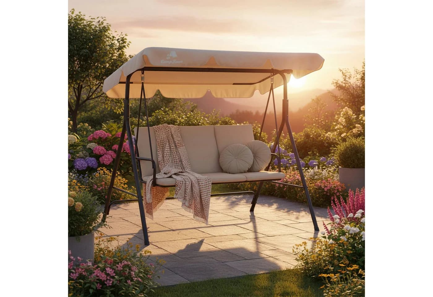 HinHocker Hollywoodschaukel 3-Sitzer mit Sonnendach Beige