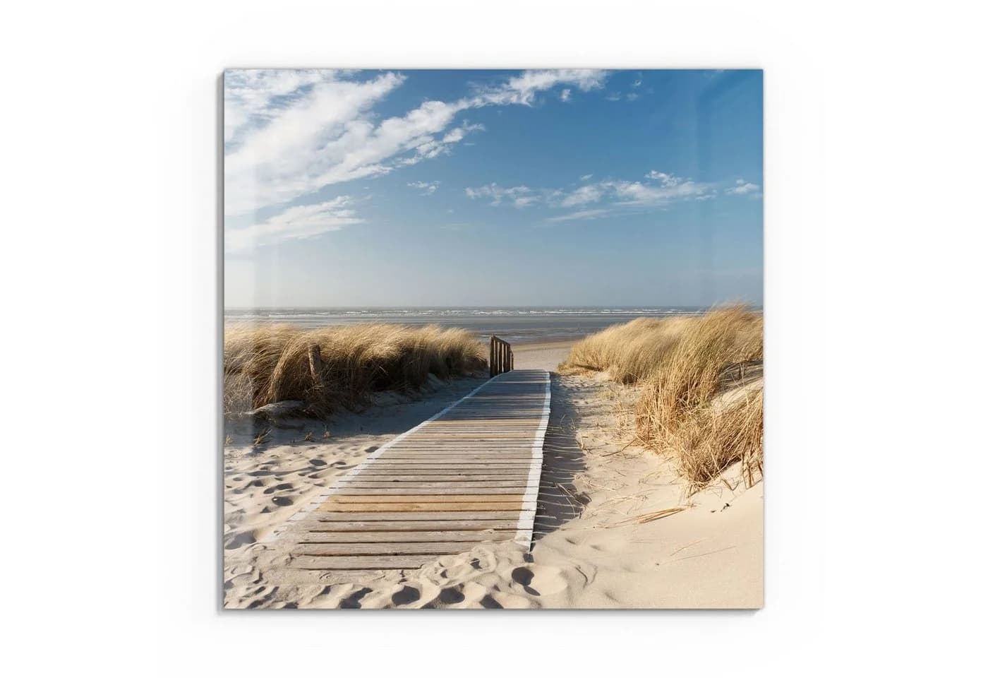 DEQORI Glasbild Strandaufgang am Meer Beige Blau Modern