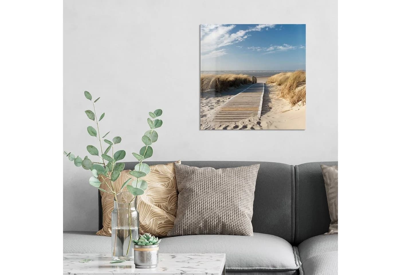 DEQORI Glasbild Strandaufgang am Meer Beige Blau Modern - Bild 3