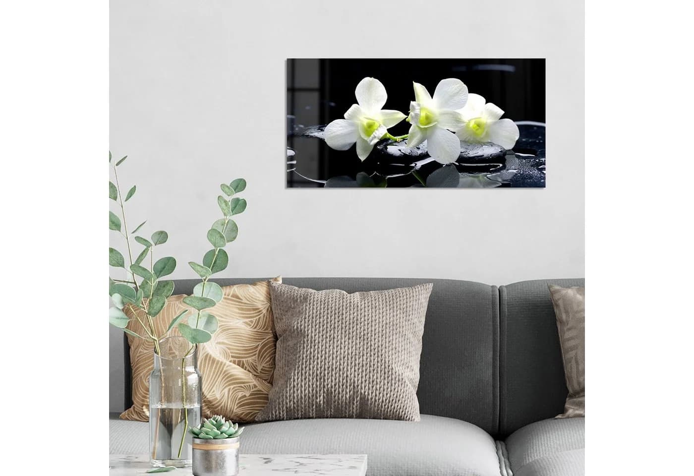 DEQORI Glasbild 'Orchidee mit Zen-Steinen' Schwarz/Weiß Modern - Bild 3