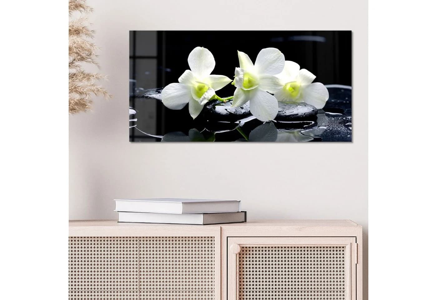 DEQORI Glasbild 'Orchidee mit Zen-Steinen' Schwarz/Weiß Modern - Bild 4
